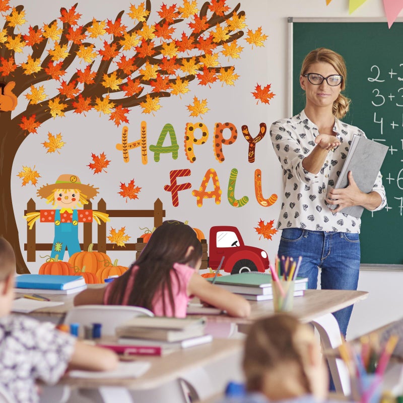 Whaline 100Pcs Happy Fall Bulletin Board Decorations Fall Tree Maple Leaf Pumpkin Scarecrow Cutouts Thanksgiving Autumn Classroom Decor with Glue Points for Home School Chalkboard Wall Decor - Image 3